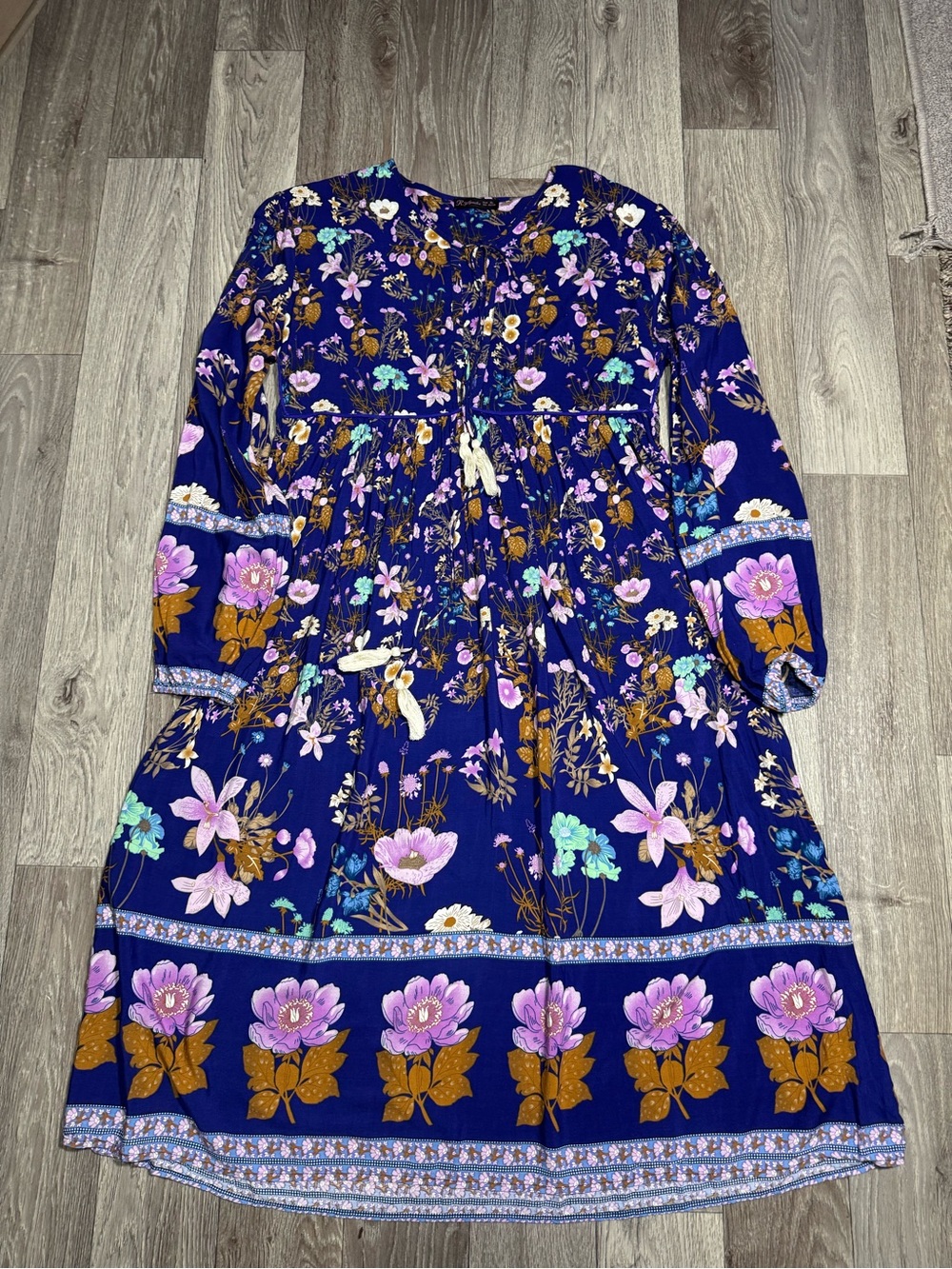R.Yiposha Midi Dress XL Blue Floral Tiered Boho